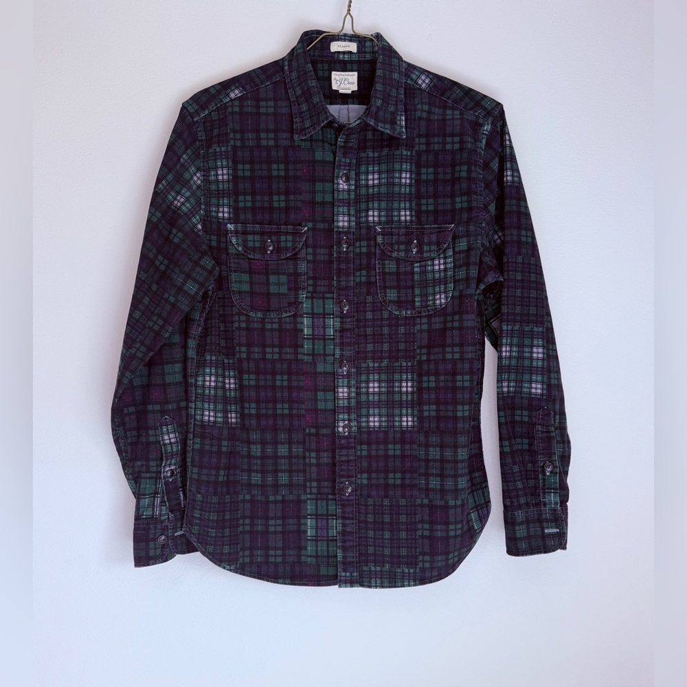 J. Crew MENS Green and Navy Plaid Corduroy Button-Down Shirt